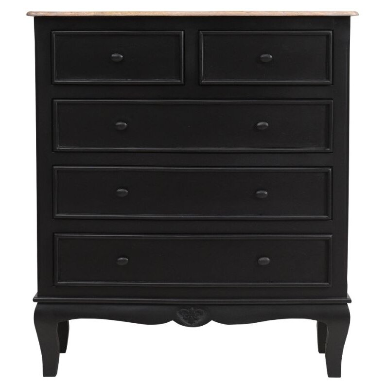 Urban Deco Fleur French Style Mango Wood Black Painted 2+3 Drawer Wide Chest Bedroom Storage Furniture